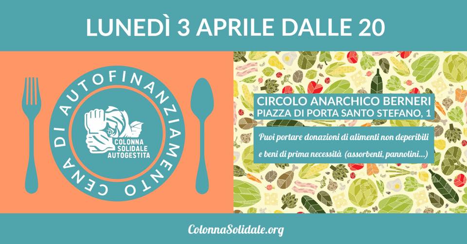 Cena di autofinanziamento della Colonna Solidale di Lunedì 3 aprile