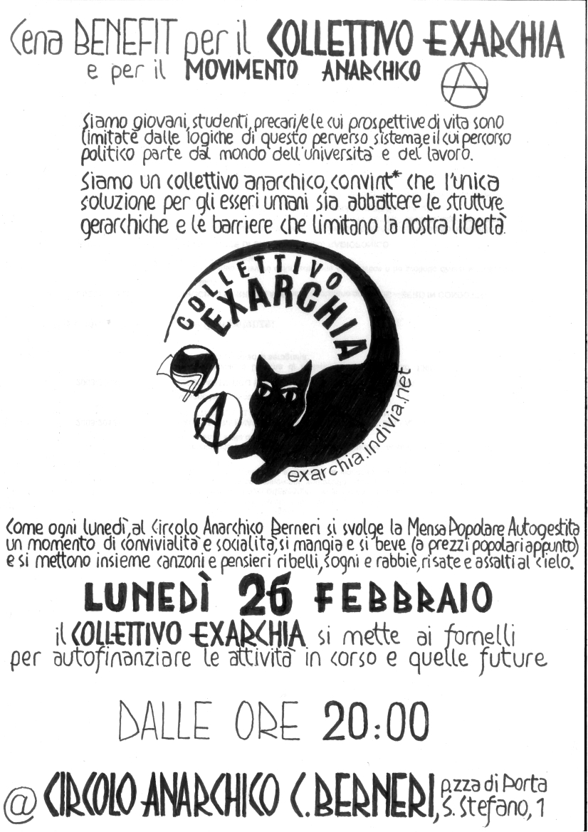 Lunedì 26 febbraio ore 20 – Cena benefit per il Collettivo Exarchia e il movimento anarchico